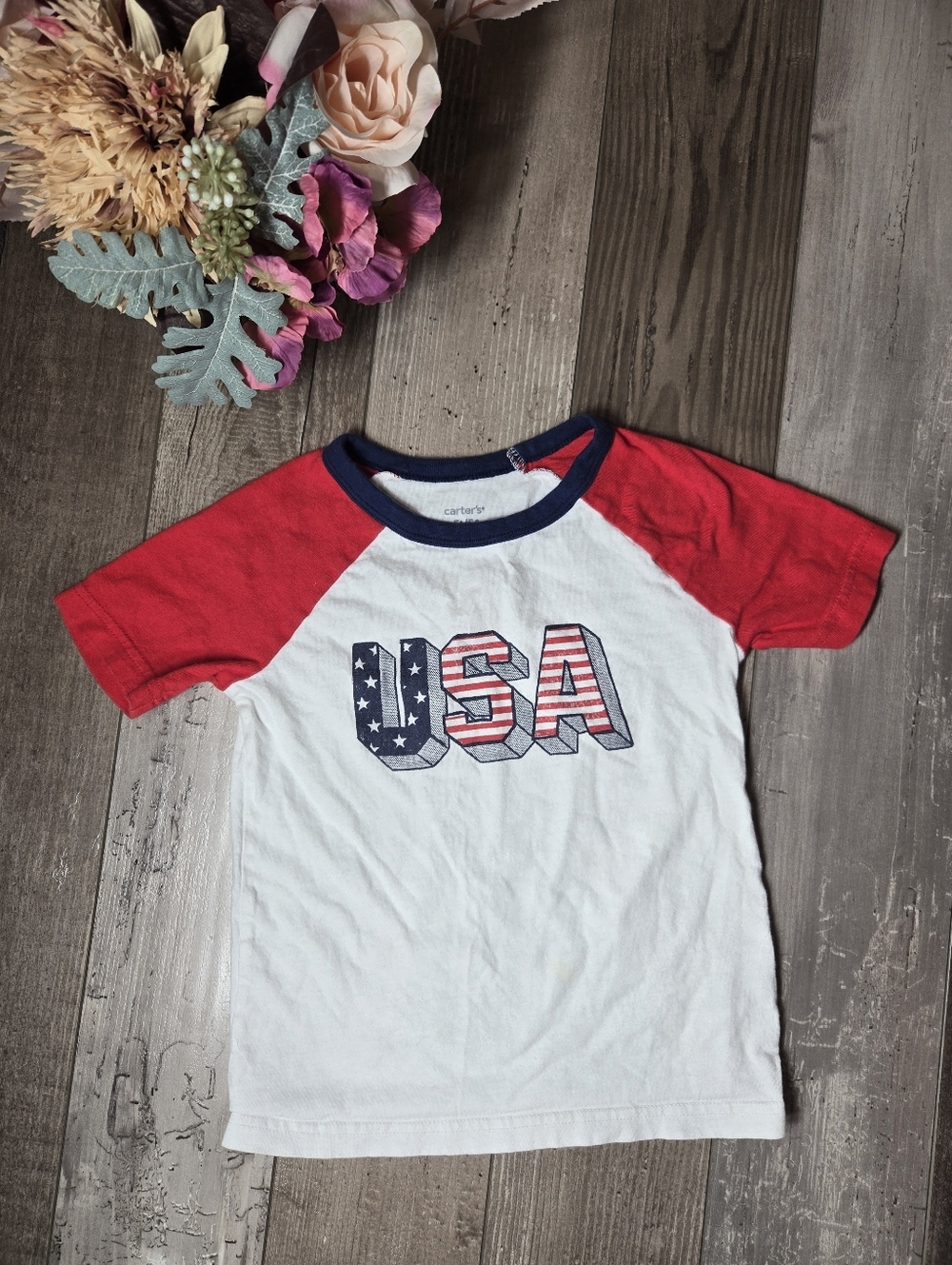 Carter's Size 5T 100% Cotton USA Raglan Graphic Tee T-Shirt Red White Blue NWOT